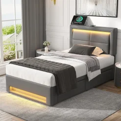 Okwish Lit Simple 90x190 cm - Lit Coffre avec 4 Tiroirs et Ports USB - Éclairage LED - Gain de Place - Gris - Sans Matelas