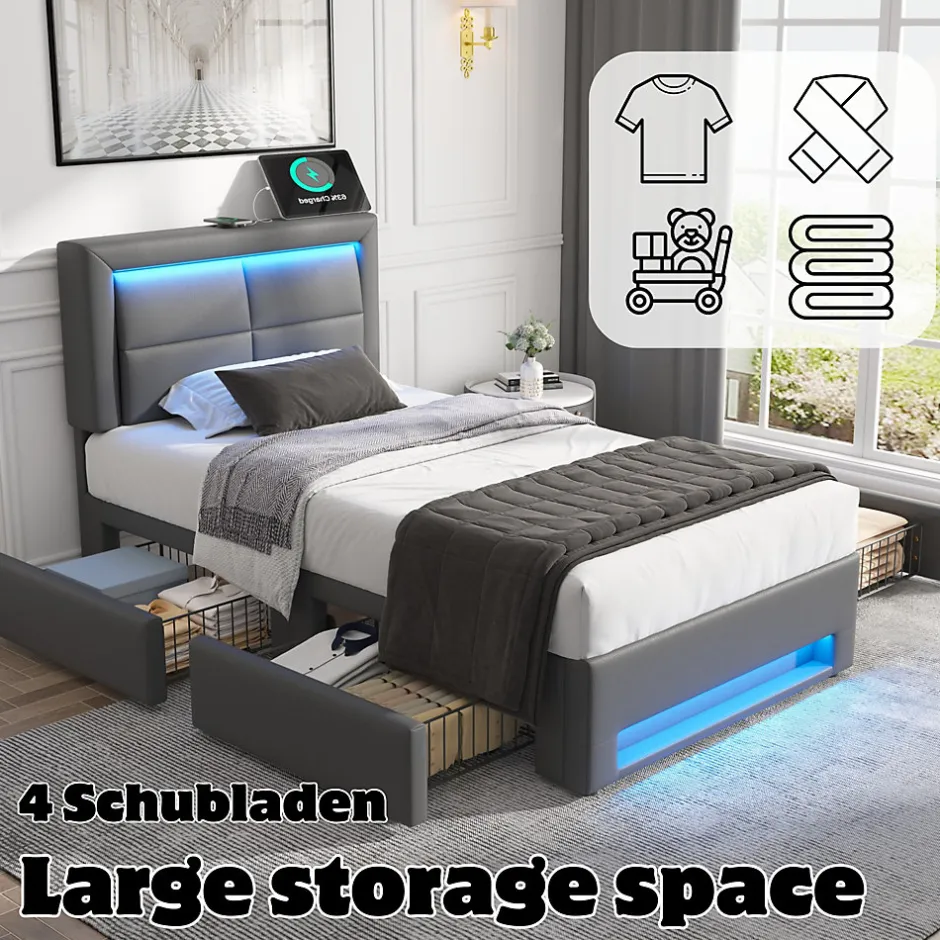Okwish Lit Simple 90x190 cm - Lit Coffre avec 4 Tiroirs et Ports USB - Éclairage LED - Gain de Place - Gris - Sans Matelas