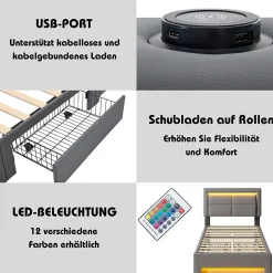 Okwish Lit Simple 90x190 cm - Lit Coffre avec 4 Tiroirs et Ports USB - Éclairage LED - Gain de Place - Gris - Sans Matelas
