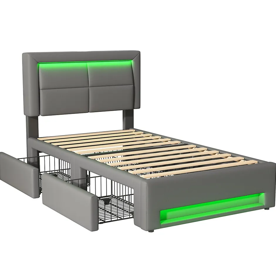 Okwish Lit Simple 90x190 cm - Lit Coffre avec 4 Tiroirs et Ports USB - Éclairage LED - Gain de Place - Gris - Sans Matelas