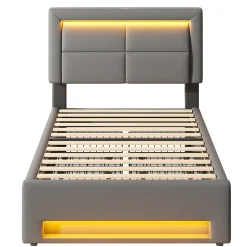 Okwish Lit Simple 90x190 cm - Lit Coffre avec 4 Tiroirs et Ports USB - Éclairage LED - Gain de Place - Gris - Sans Matelas
