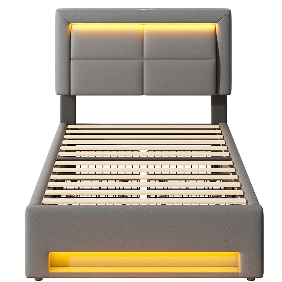 Okwish Lit Simple 90x190 cm - Lit Coffre avec 4 Tiroirs et Ports USB - Éclairage LED - Gain de Place - Gris - Sans Matelas