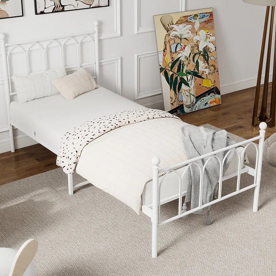 Okwish Lit Simple 90x200 cm - Lit en Métal Blanc Design Contemporain et Robuste - Sans Matelas