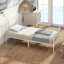 Okwish Lit Simple 90x200 cm - Lit en Métal Blanc Design Contemporain et Robuste - Sans Matelas