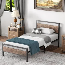 Okwish Lit Simple 90x200 cm - Lit en Métal Noir Solide avec Sommier à Lattes et Bois Robuste - Sans Matelas