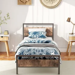 Okwish Lit Simple 90x200 cm - Lit en Métal Noir Solide avec Sommier à Lattes et Bois Robuste - Sans Matelas