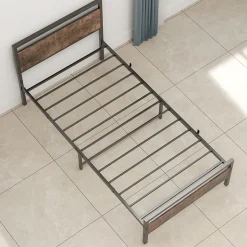 Okwish Lit Simple 90x200 cm - Lit en Métal Noir Solide avec Sommier à Lattes et Bois Robuste - Sans Matelas