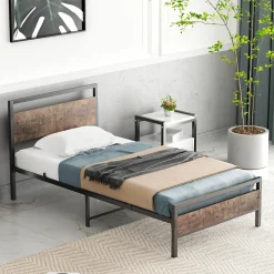 Okwish Lit Simple 90x200 cm - Lit en Métal Noir Solide avec Sommier à Lattes et Bois Robuste - Sans Matelas