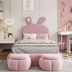 Enfant Okwish Lit Simple 90x200 cm - Lit enfant Rembourré avec Oreilles de Lapin et 2 Tabourets de Rangement - Velours - Rose
