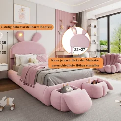 Enfant Okwish Lit Simple 90x200 cm - Lit enfant Rembourré avec Oreilles de Lapin et 2 Tabourets de Rangement - Velours - Rose