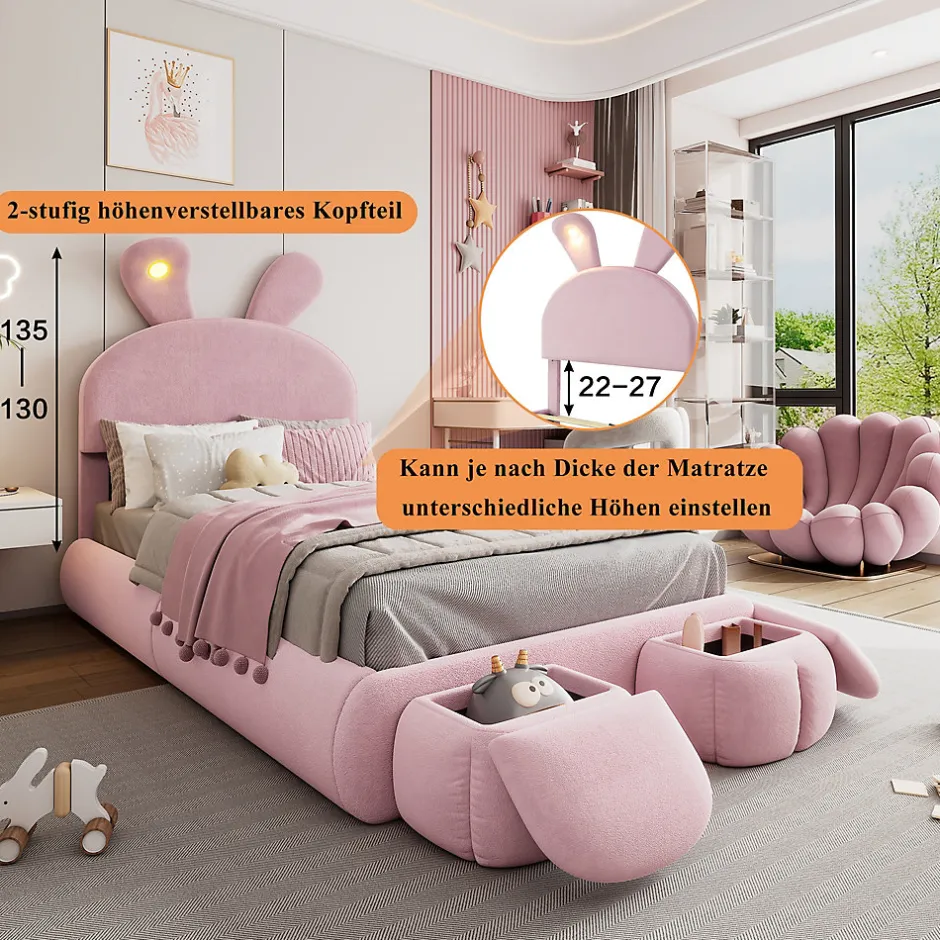 Enfant Okwish Lit Simple 90x200 cm - Lit enfant Rembourré avec Oreilles de Lapin et 2 Tabourets de Rangement - Velours - Rose