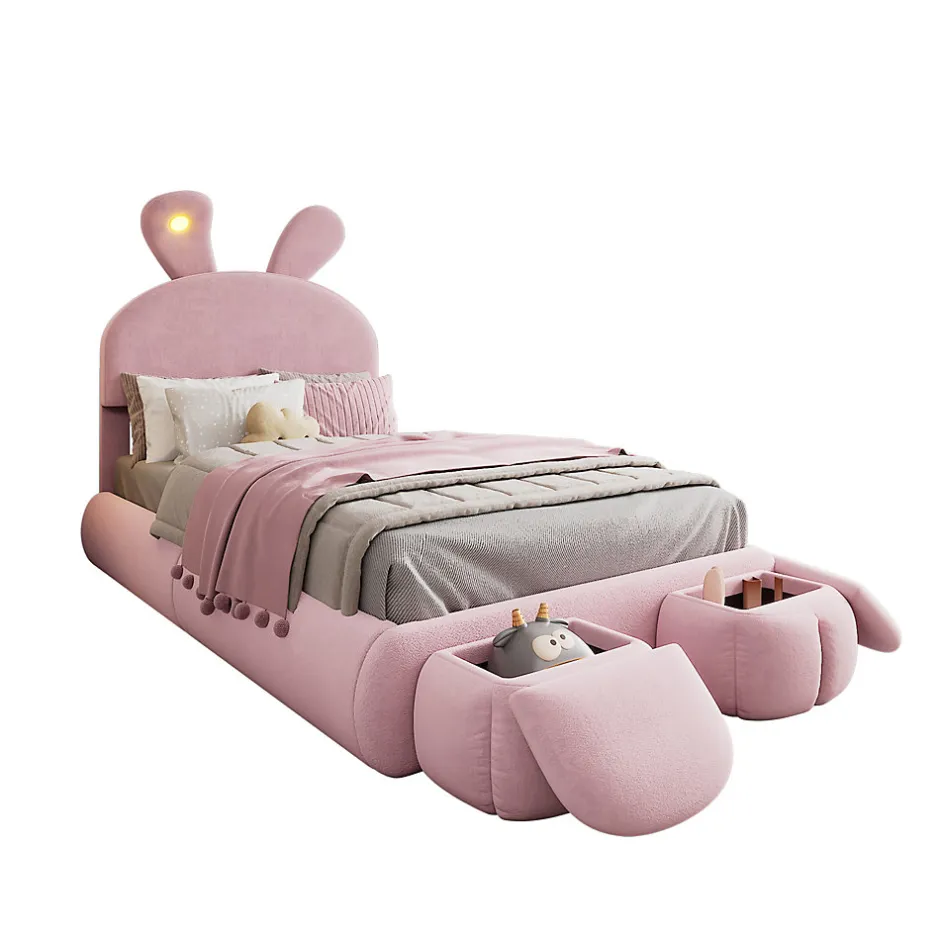Enfant Okwish Lit Simple 90x200 cm - Lit enfant Rembourré avec Oreilles de Lapin et 2 Tabourets de Rangement - Velours - Rose