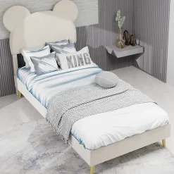 Okwish Lit Simple 90x200 cm - Lit Enfant avec Tête Cartoon Capitonnée et Cadre Bas, Velours Beige, sans Matelas Online