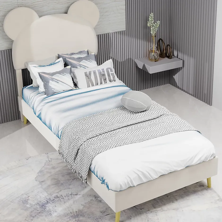 Okwish Lit Simple 90x200 cm - Lit Enfant avec Tête Cartoon Capitonnée et Cadre Bas, Velours Beige, sans Matelas Online