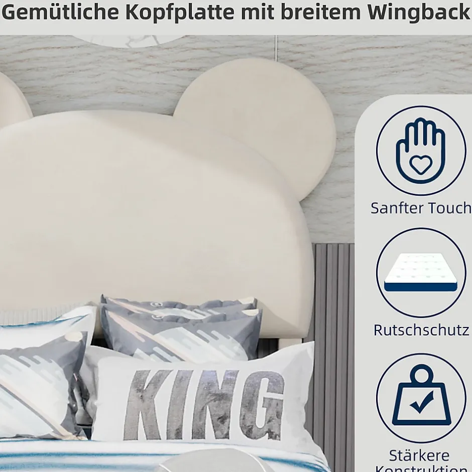 Okwish Lit Simple 90x200 cm - Lit Enfant avec Tête Cartoon Capitonnée et Cadre Bas, Velours Beige, sans Matelas Online