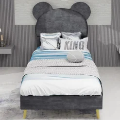Okwish Lit Simple 90x200 cm - Lit Enfant avec Tête Cartoon Capitonnée et Cadre Bas, Velours Gris, sans Matelas Discount
