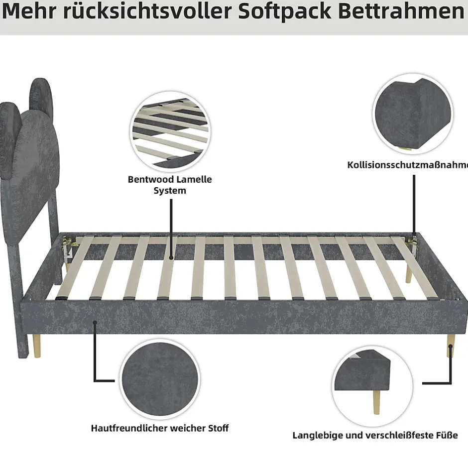 Okwish Lit Simple 90x200 cm - Lit Enfant avec Tête Cartoon Capitonnée et Cadre Bas, Velours Gris, sans Matelas Discount