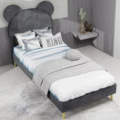 Okwish Lit Simple 90x200 cm - Lit Enfant avec Tête Cartoon Capitonnée et Cadre Bas, Velours Gris, sans Matelas Discount