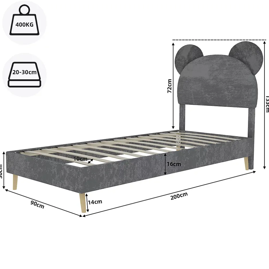 Okwish Lit Simple 90x200 cm - Lit Enfant avec Tête Cartoon Capitonnée et Cadre Bas, Velours Gris, sans Matelas Discount
