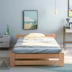 Okwish Lit Simple 90x200 cm - Lit Futon Naturel avec Tête de Lit en Bois Massif - Sommier Inclus - Minimaliste Scandinave - Sans Matelas