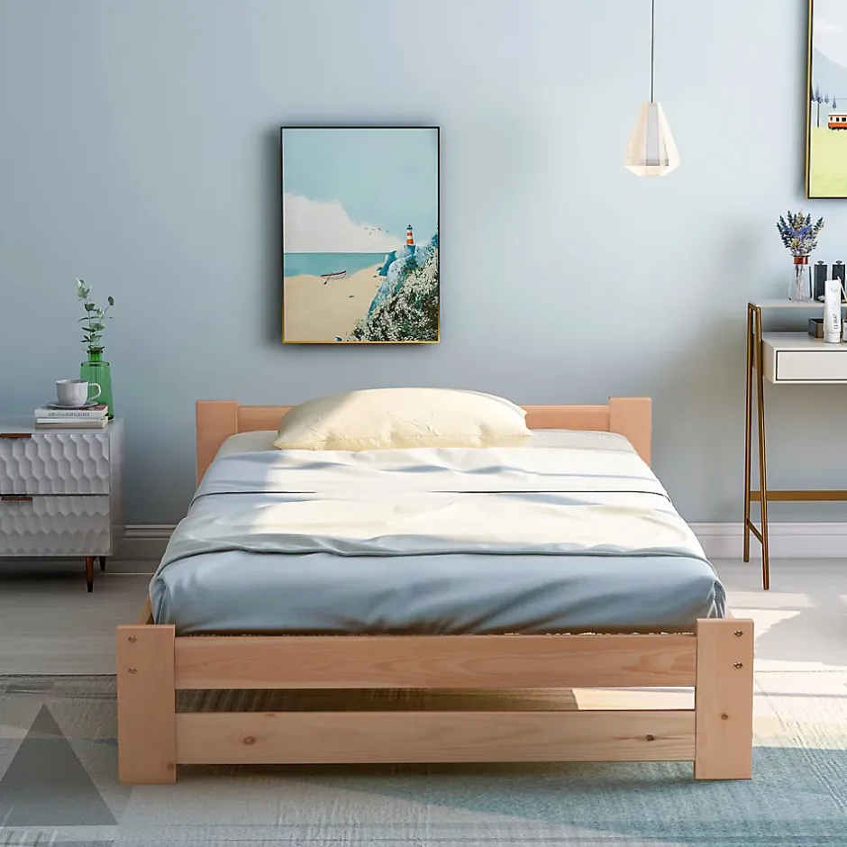 Okwish Lit Simple 90x200 cm - Lit Futon Naturel avec Tête de Lit en Bois Massif - Sommier Inclus - Minimaliste Scandinave - Sans Matelas