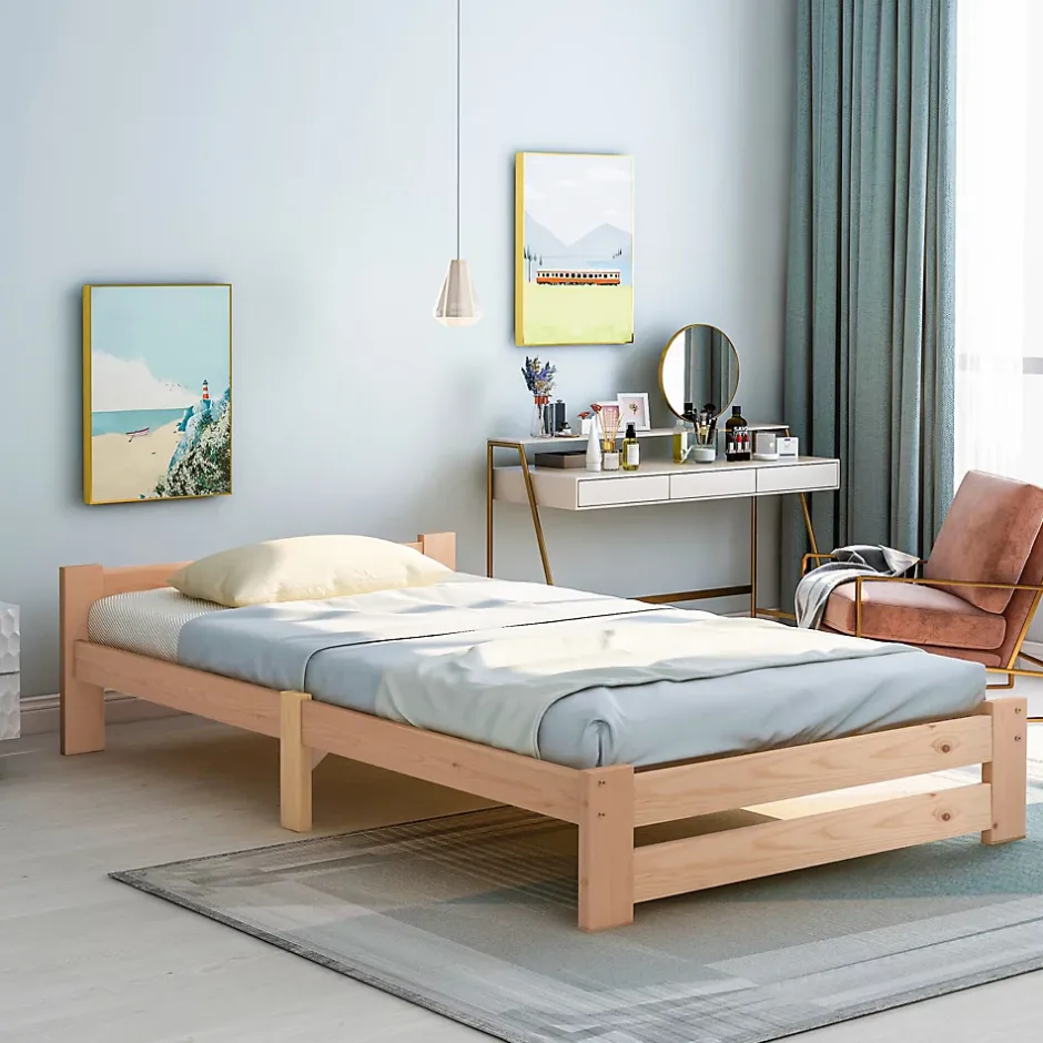Okwish Lit Simple 90x200 cm - Lit Futon Naturel avec Tête de Lit en Bois Massif - Sommier Inclus - Minimaliste Scandinave - Sans Matelas