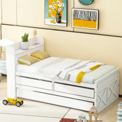 Okwish Lit Simple 90x190 cm - Lit Junior avec Tiroirs Coulissants et Table de Chevet avec Étageres, Prise USB - Bois Massif - Blanc Hot