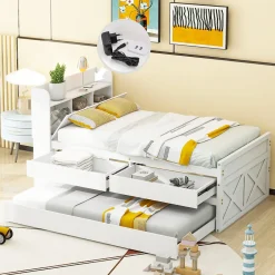 Okwish Lit Simple 90x190 cm - Lit Junior avec Tiroirs Coulissants et Table de Chevet avec Étageres, Prise USB - Bois Massif - Blanc Hot