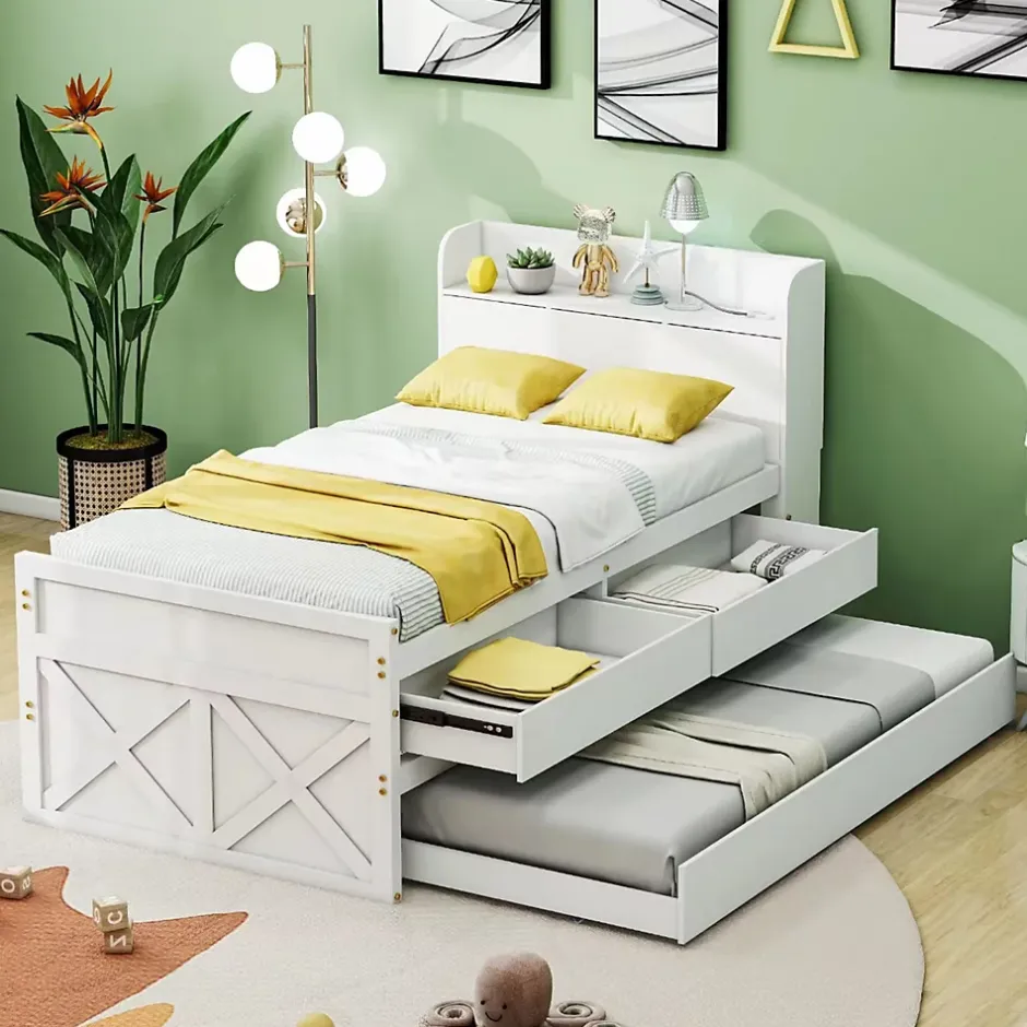 Okwish Lit Simple 90x190 cm - Lit Junior avec Tiroirs Coulissants et Table de Chevet avec Étageres, Prise USB - Bois Massif - Blanc Hot