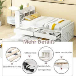 Okwish Lit Simple 90x190 cm - Lit Junior avec Tiroirs Coulissants et Table de Chevet avec Étageres, Prise USB - Bois Massif - Blanc Hot
