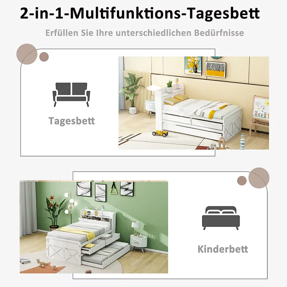 Okwish Lit Simple 90x190 cm - Lit Junior avec Tiroirs Coulissants et Table de Chevet avec Étageres, Prise USB - Bois Massif - Blanc Hot