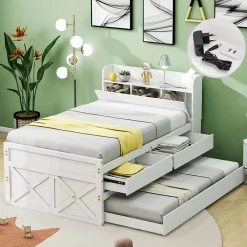 Okwish Lit Simple 90x190 cm - Lit Junior avec Tiroirs Coulissants et Table de Chevet avec Étageres, Prise USB - Bois Massif - Blanc Hot