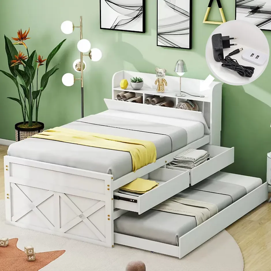 Okwish Lit Simple 90x190 cm - Lit Junior avec Tiroirs Coulissants et Table de Chevet avec Étageres, Prise USB - Bois Massif - Blanc Hot