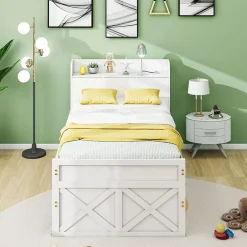Okwish Lit Simple 90x190 cm - Lit Junior avec Tiroirs Coulissants et Table de Chevet avec Étageres, Prise USB - Bois Massif - Blanc Hot