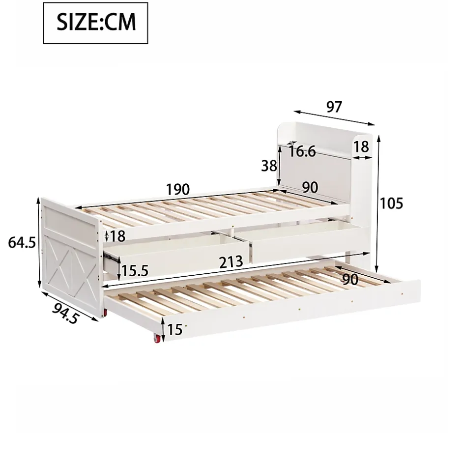 Okwish Lit Simple 90x190 cm - Lit Junior avec Tiroirs Coulissants et Table de Chevet avec Étageres, Prise USB - Bois Massif - Blanc Hot