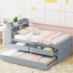 Okwish Lit Simple 90x190 cm - Lit Junior avec Tiroir Coulissant et Table de Chevet avec Étageres, Prise USB - Bois Massif - Gris