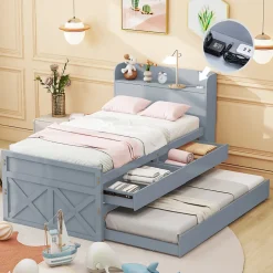 Okwish Lit Simple 90x190 cm - Lit Junior avec Tiroir Coulissant et Table de Chevet avec Étageres, Prise USB - Bois Massif - Gris