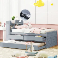 Okwish Lit Simple 90x190 cm - Lit Junior avec Tiroir Coulissant et Table de Chevet avec Étageres, Prise USB - Bois Massif - Gris