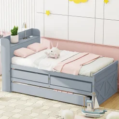 Okwish Lit Simple 90x190 cm - Lit Junior avec Tiroir Coulissant et Table de Chevet avec Étageres, Prise USB - Bois Massif - Gris