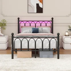 Okwish Lit Simple 120x200 cm - Lit Métal Ado Vintage avec LED et Ports USB, Barres Acier Renforcées, Sans Matelas - Métal Noir