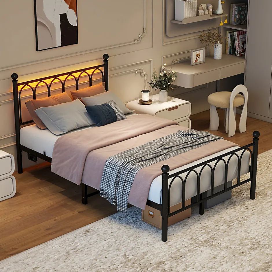 Okwish Lit Simple 120x200 cm - Lit Métal Ado Vintage avec LED et Ports USB, Barres Acier Renforcées, Sans Matelas - Métal Noir