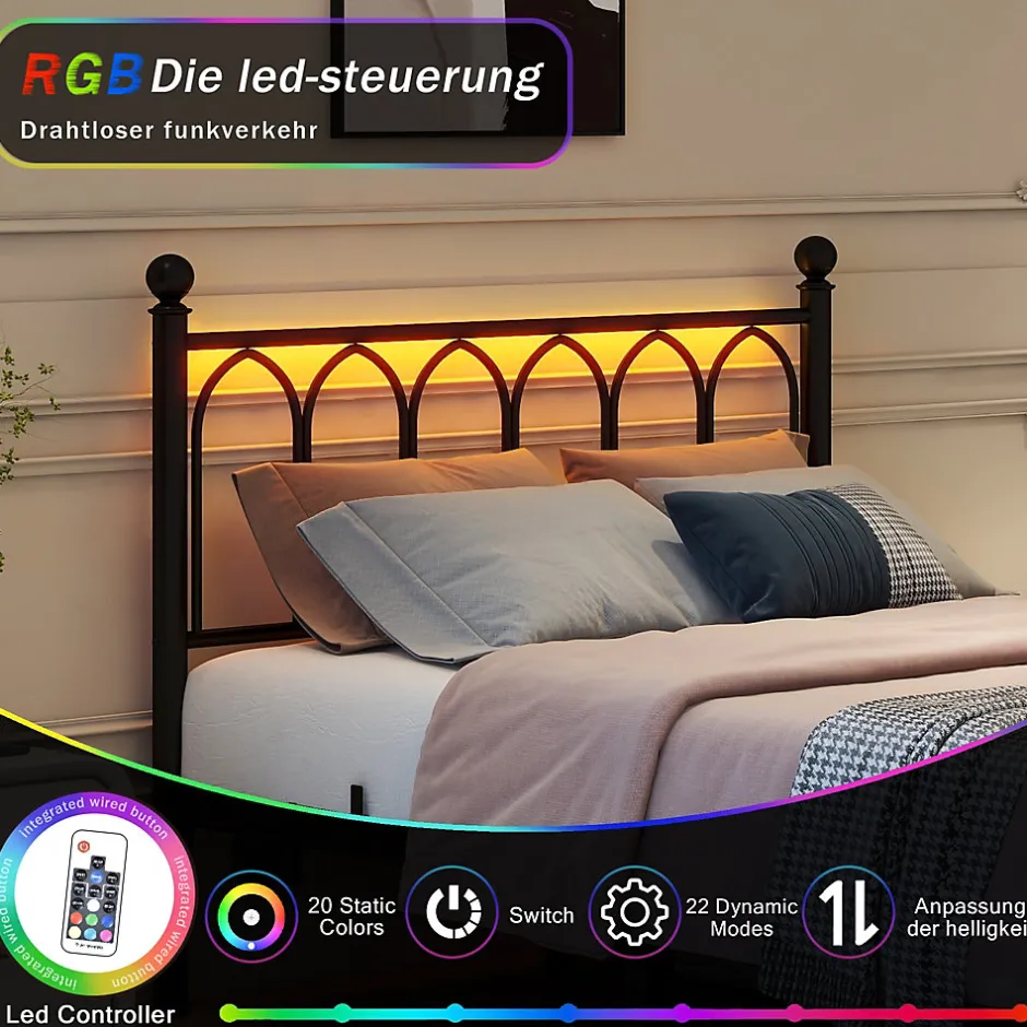 Okwish Lit Simple 120x200 cm - Lit Métal Ado Vintage avec LED et Ports USB, Barres Acier Renforcées, Sans Matelas - Métal Noir
