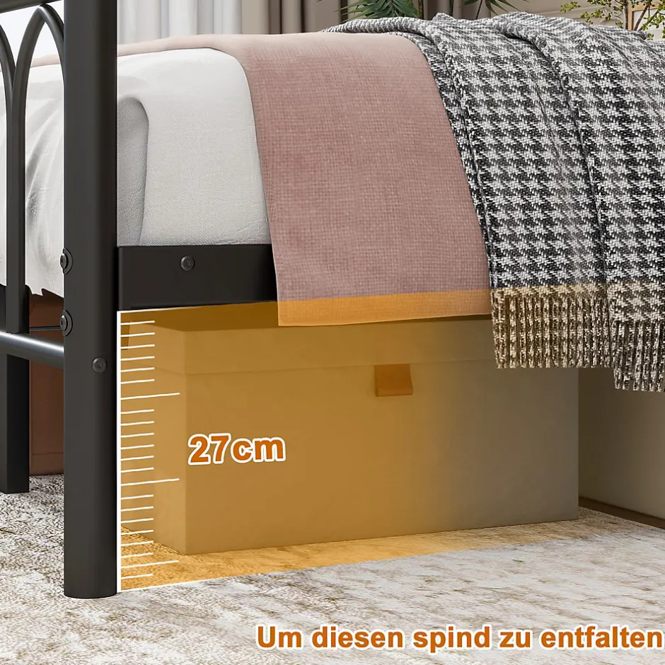 Okwish Lit Simple 120x200 cm - Lit Métal Ado Vintage avec LED et Ports USB, Barres Acier Renforcées, Sans Matelas - Métal Noir