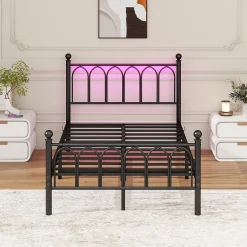 Okwish Lit Simple 120x200 cm - Lit Métal Ado Vintage avec LED et Ports USB, Barres Acier Renforcées, Sans Matelas - Métal Noir