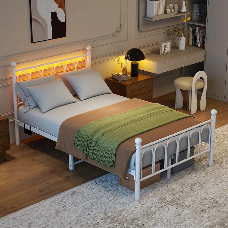 Okwish Lit Simple 120x200 cm - Lit Métal Ado Vintage avec LED et Ports USB, Barres Acier Renforcées, Sans Matelas - Métal Blanc Hot
