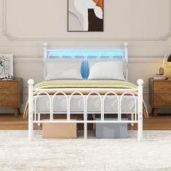 Okwish Lit Simple 120x200 cm - Lit Métal Ado Vintage avec LED et Ports USB, Barres Acier Renforcées, Sans Matelas - Métal Blanc Hot
