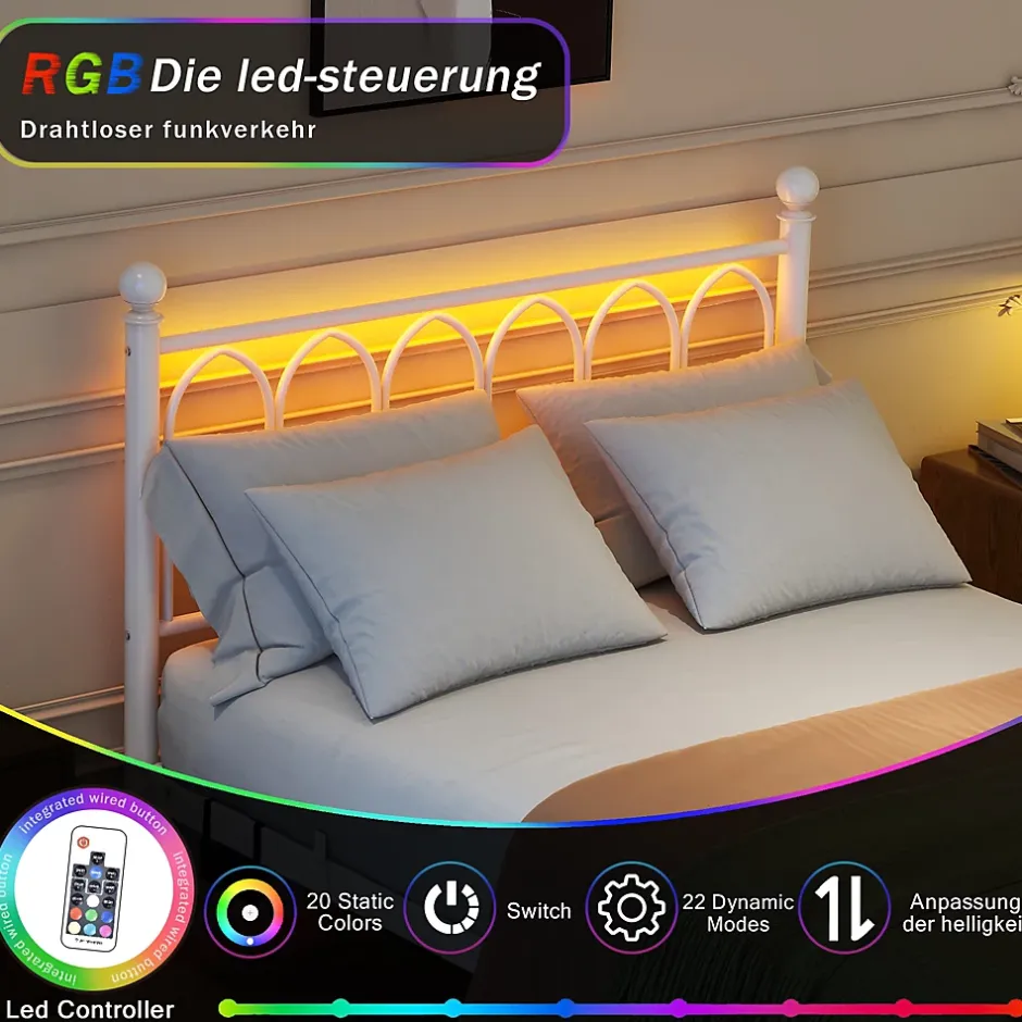Okwish Lit Simple 120x200 cm - Lit Métal Ado Vintage avec LED et Ports USB, Barres Acier Renforcées, Sans Matelas - Métal Blanc Hot