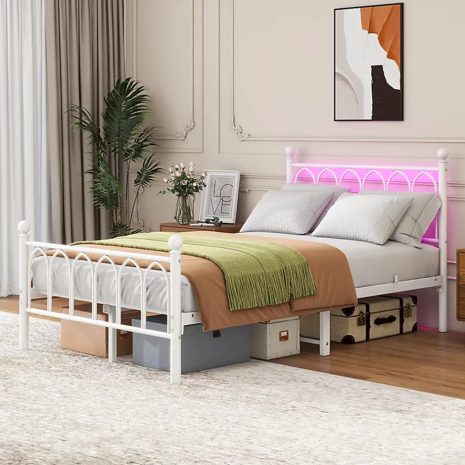 Okwish Lit Simple 120x200 cm - Lit Métal Ado Vintage avec LED et Ports USB, Barres Acier Renforcées, Sans Matelas - Métal Blanc Hot