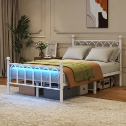 Okwish Lit Simple 120x200 cm - Lit Métal Ado Vintage avec LED et Ports USB, Barres Acier Renforcées, Sans Matelas - Métal Blanc Hot