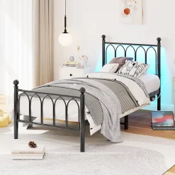 Okwish Lit Simple 90x200 cm - Lit Métal Ado avec Éclairage LED et Ports USB, Barres Acier Renforcées, Sans Matelas - Métal Noir